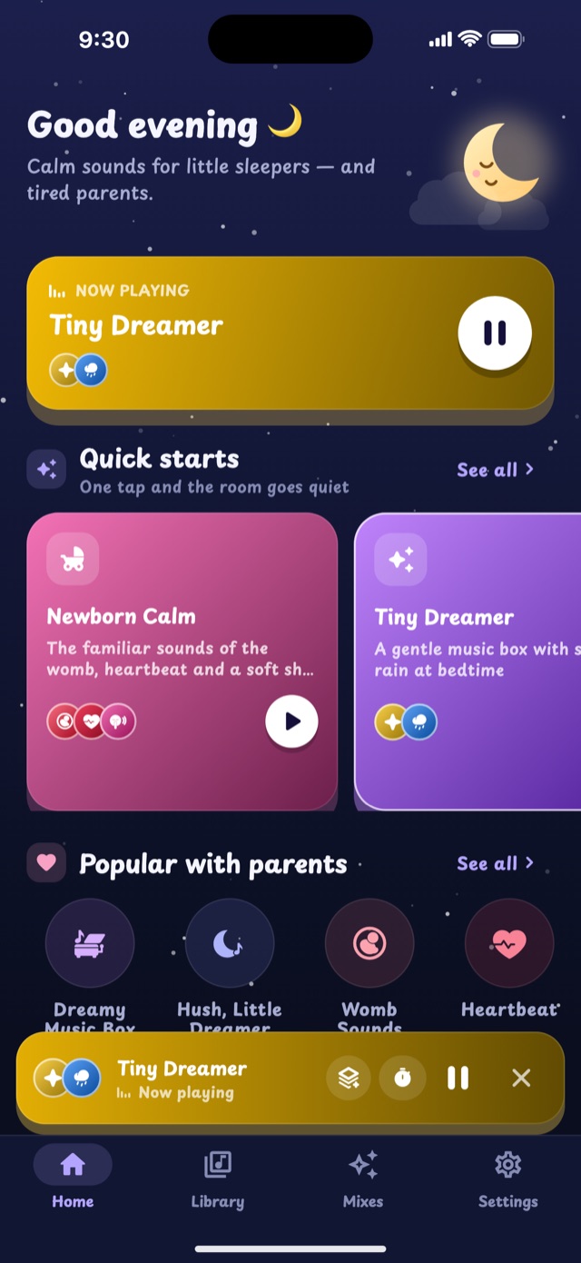 Lullaby home screen with quick-start mixes and sounds popular with parents